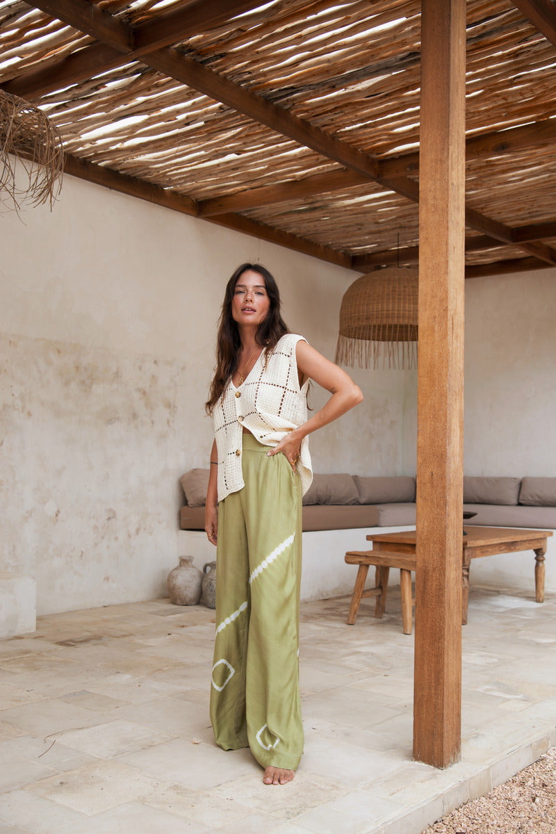 women's tie dye green fixed waist pant