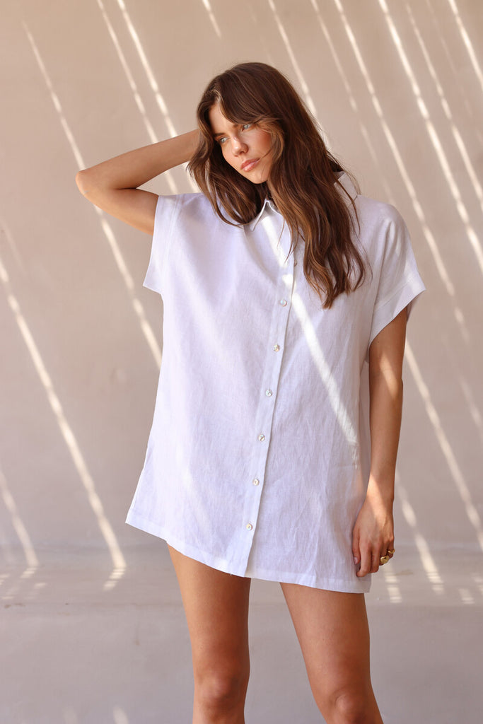 collared linen mini dress white front view
