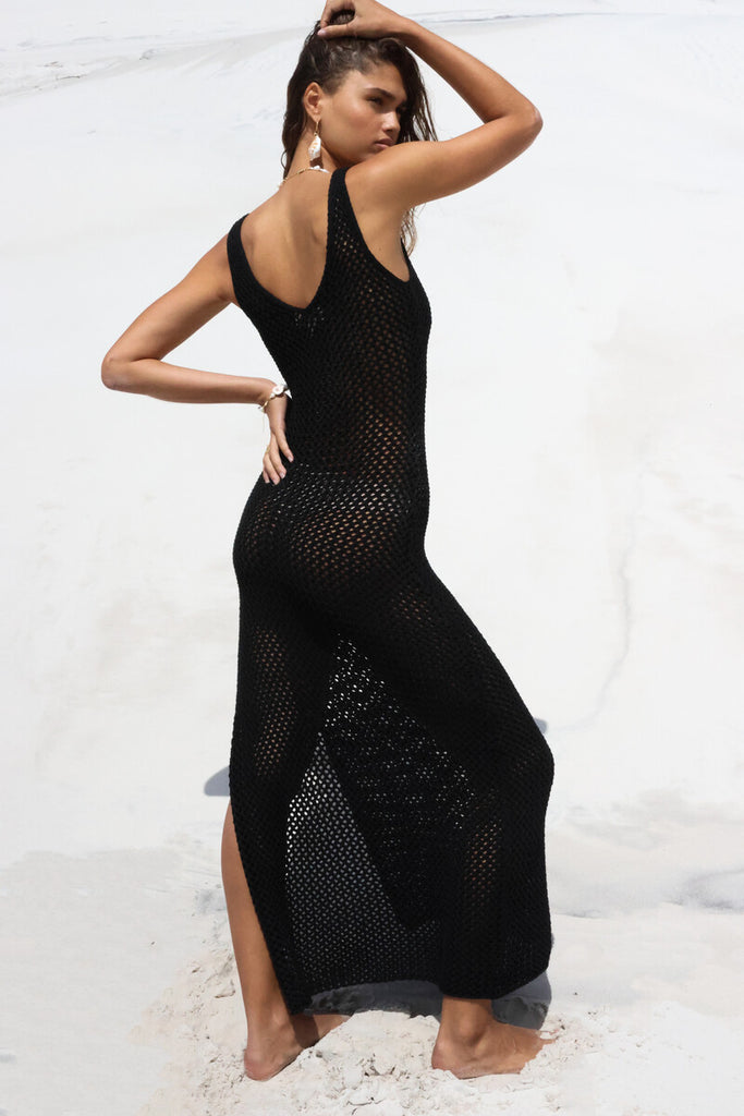 womens black knit maxi dress back view