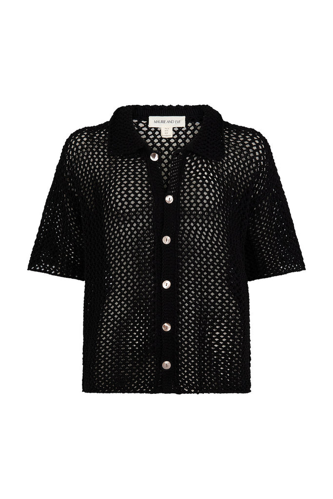 womens black knit button up shirt front view