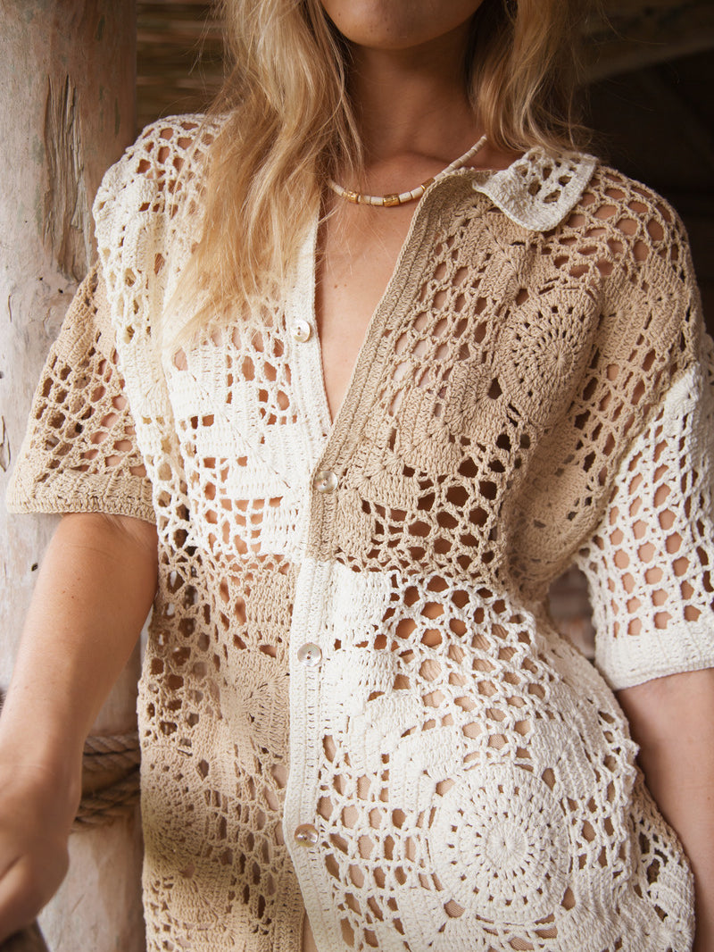 women's crochet tonal patchwork shirt front view
