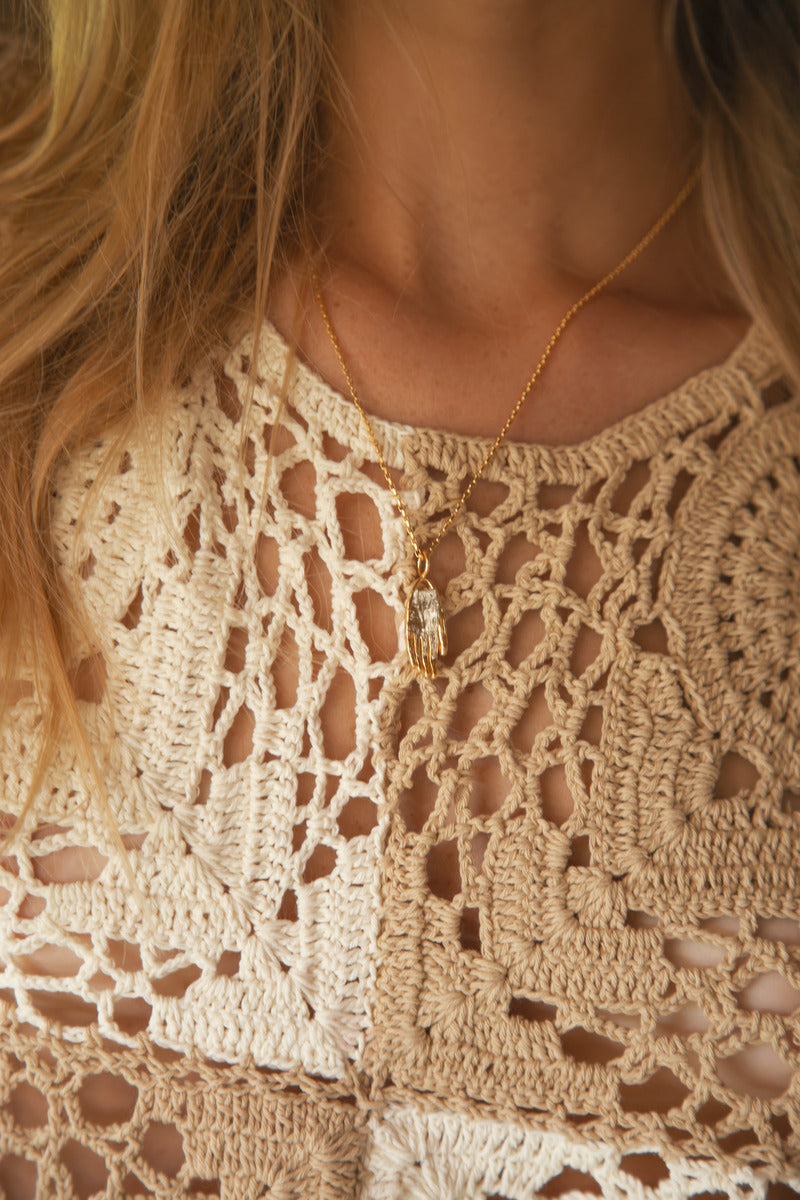 women's crochet tonal patchwork tank top close up