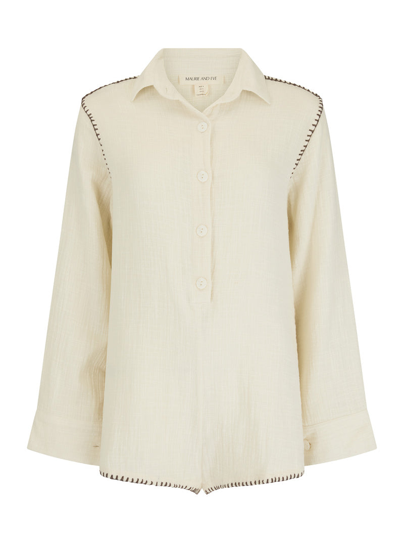 womens cotton cream jumpsuit with contrast stitch front view