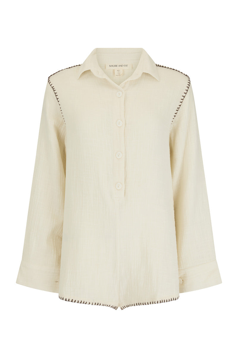 womens cotton cream jumpsuit with contrast stitch front view