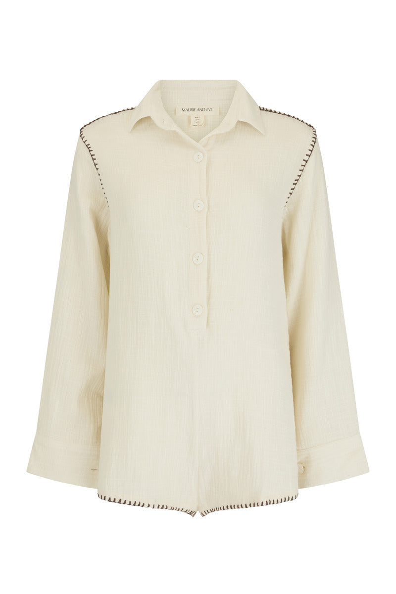 womens cotton cream jumpsuit with contrast stitch front view