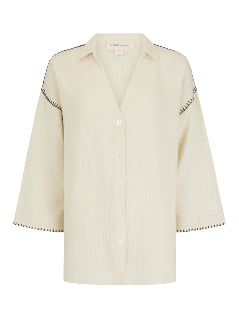 womens cotton cream shirt with contrast stitch front view