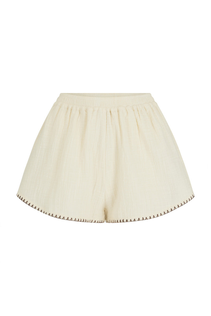 womens cotton cream contrast stitch short front view