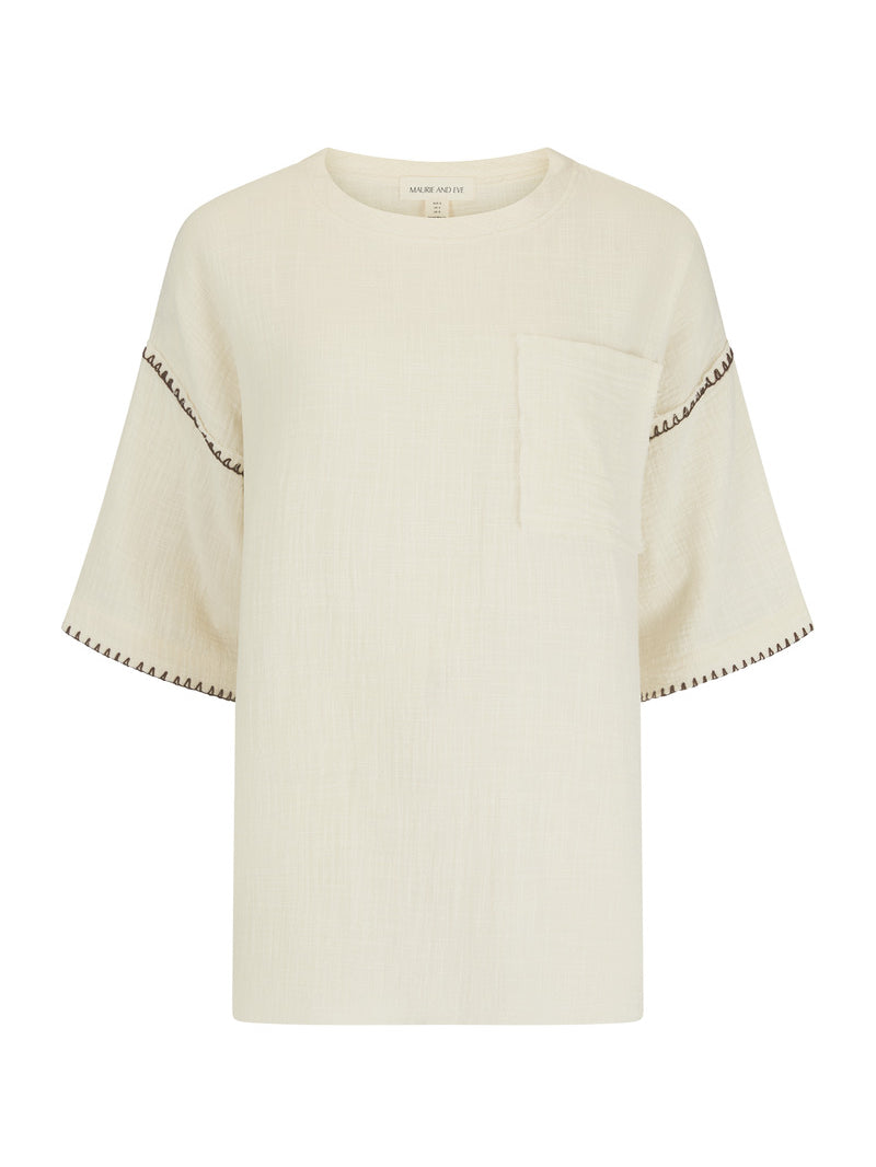 womens cotton cream top with pocket and contrast stitch front view