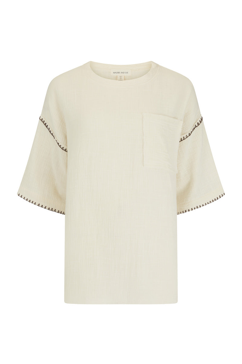 womens cotton cream top with pocket and contrast stitch front view