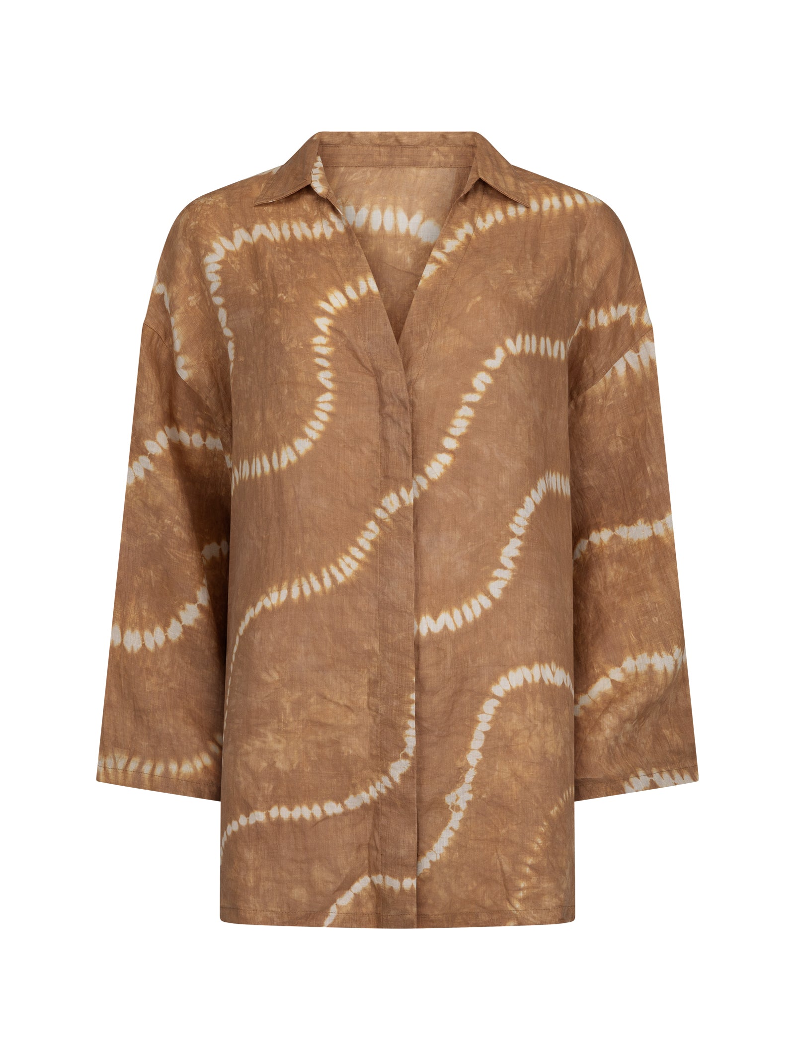 Women's linen tan tie-dye shirt front view