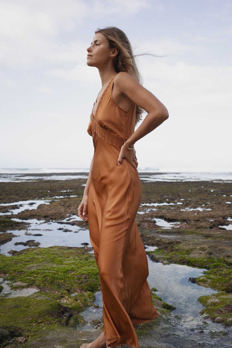 Womens Bran coloured viscose lace maxi dress, side view