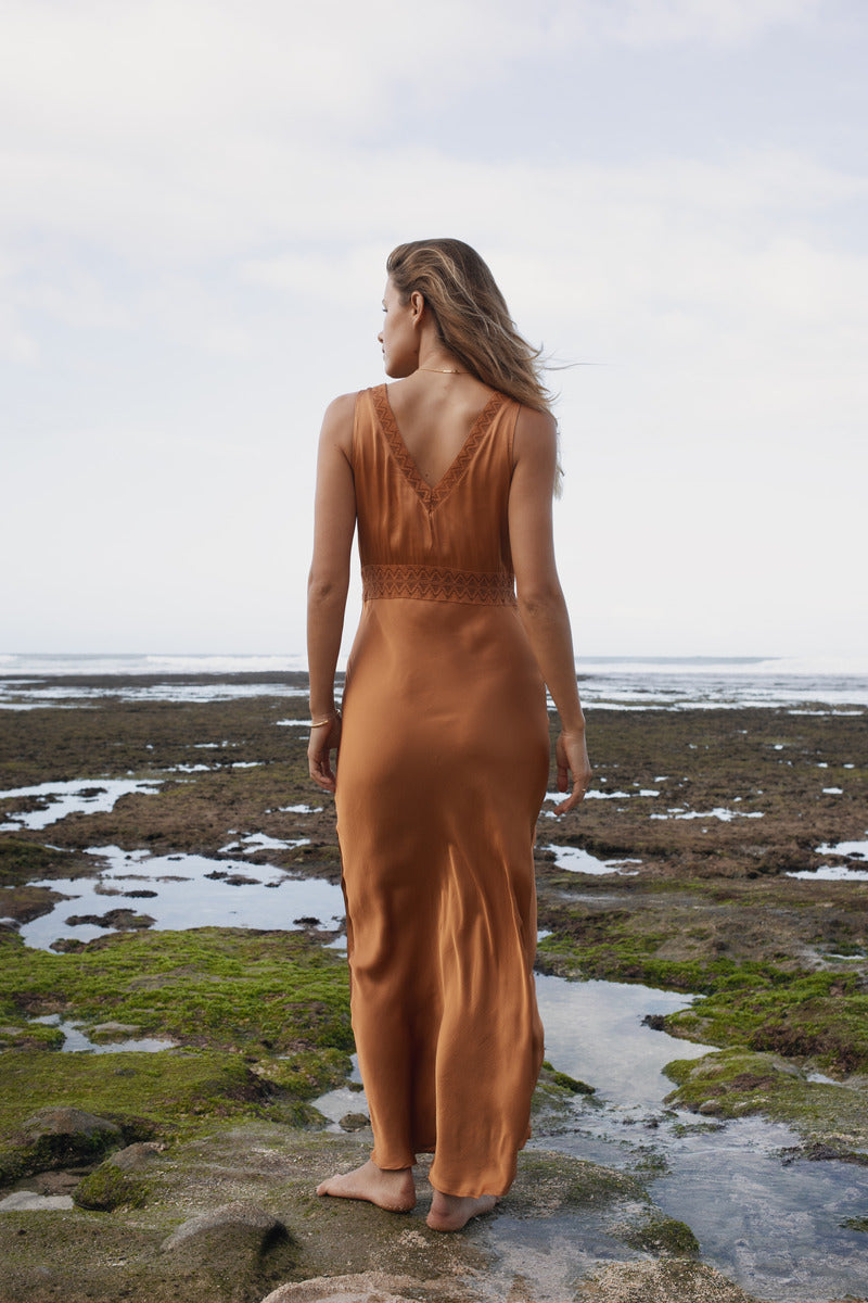 Womens Bran coloured viscose lace maxi dress, back view