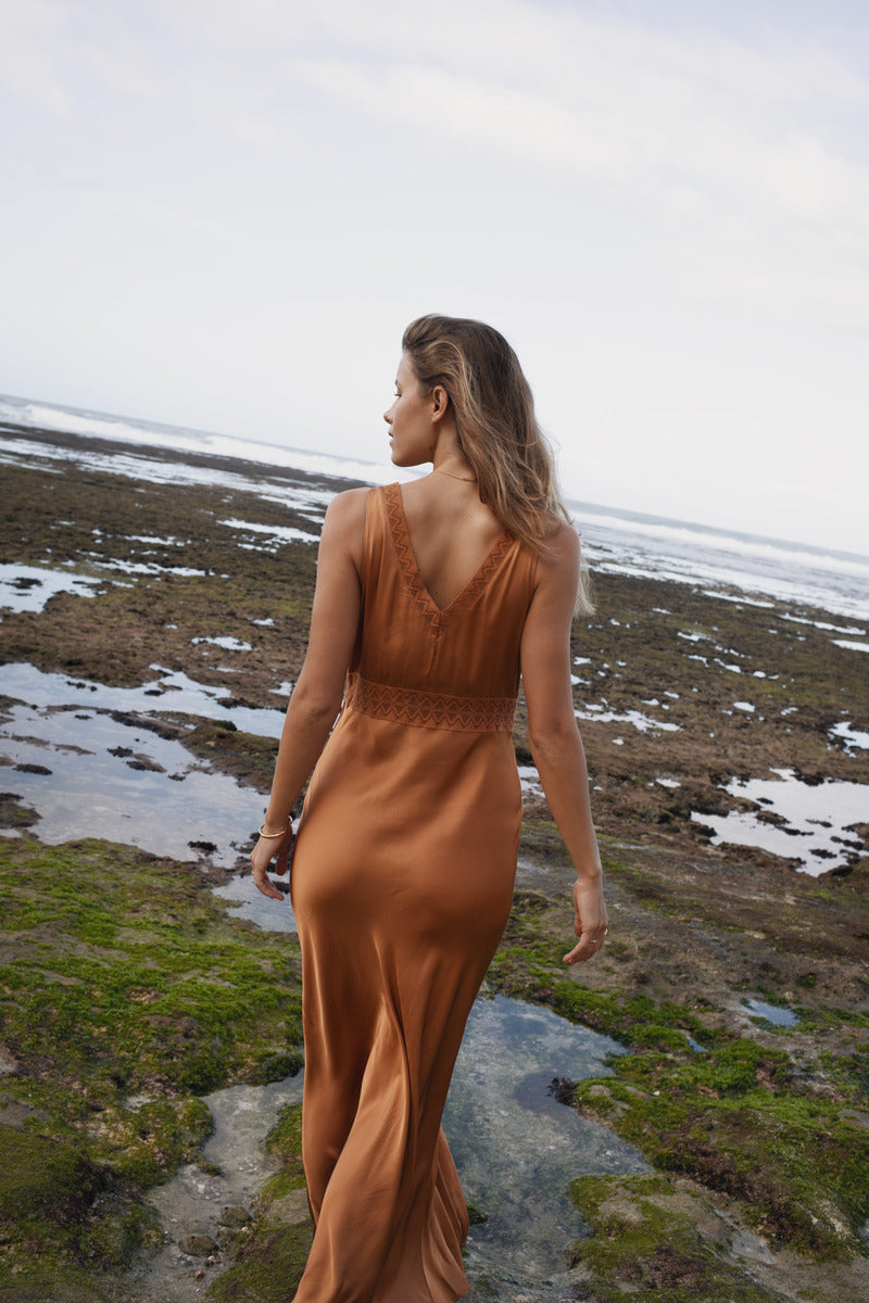 Womens Bran coloured viscose lace maxi dress, back view