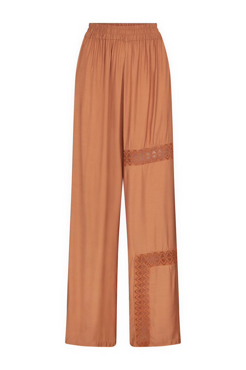 Womens Bran coloured viscose lace pant, front view