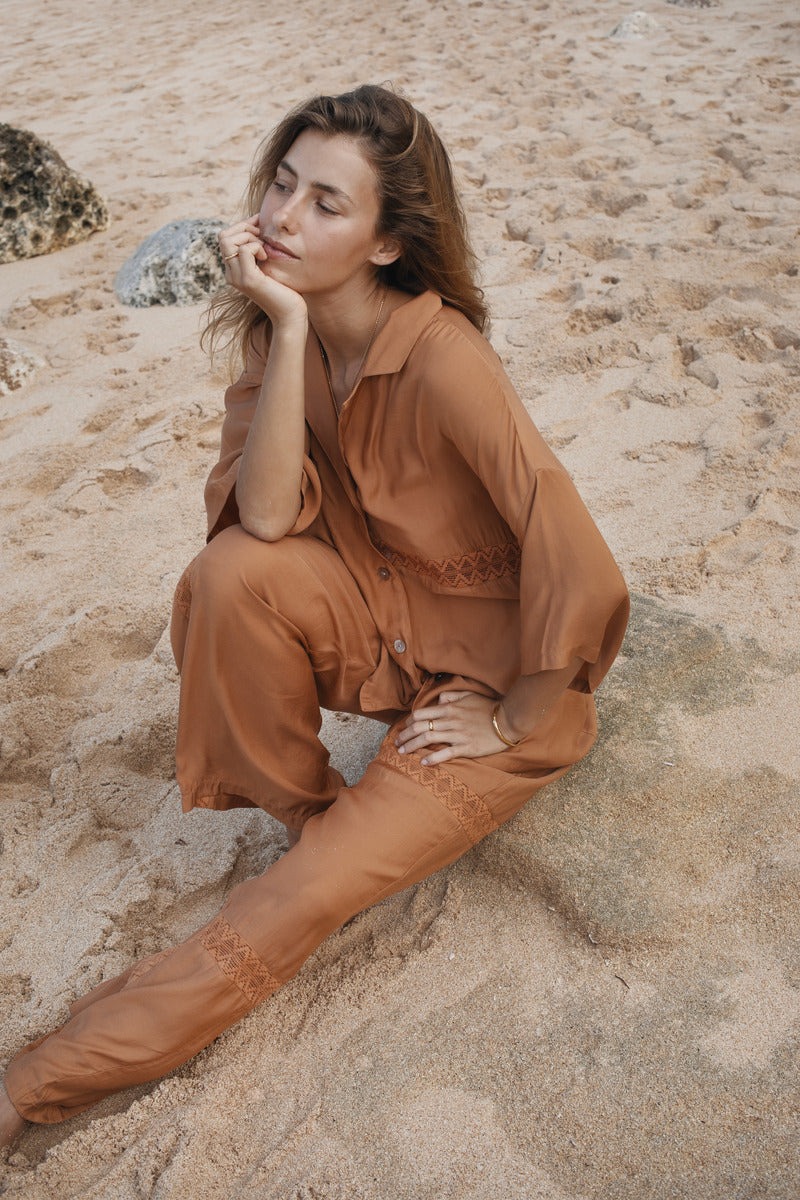 Womens Bran coloured viscose lace shirt, styled with matching pant, front view