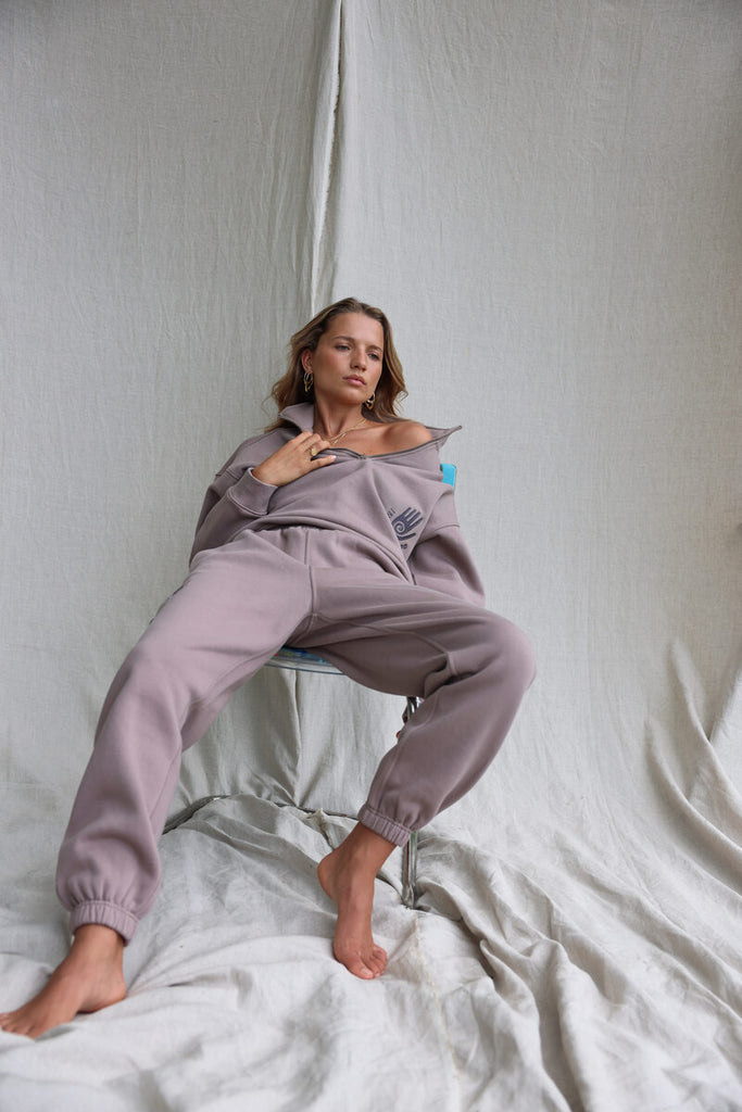 womens pure cotton taupe tracksuit pant front view