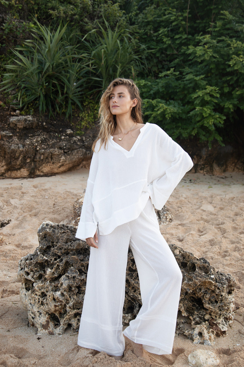 womens white cotton textured pant and top set
