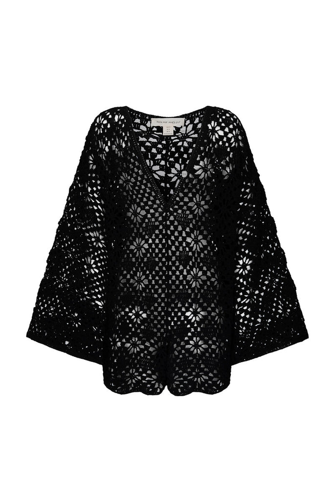 black long sleeve crochet jumpsuit front view