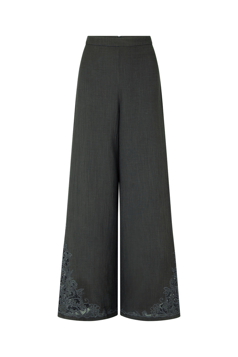womens charcoal cotton pant with hand embroidery front view