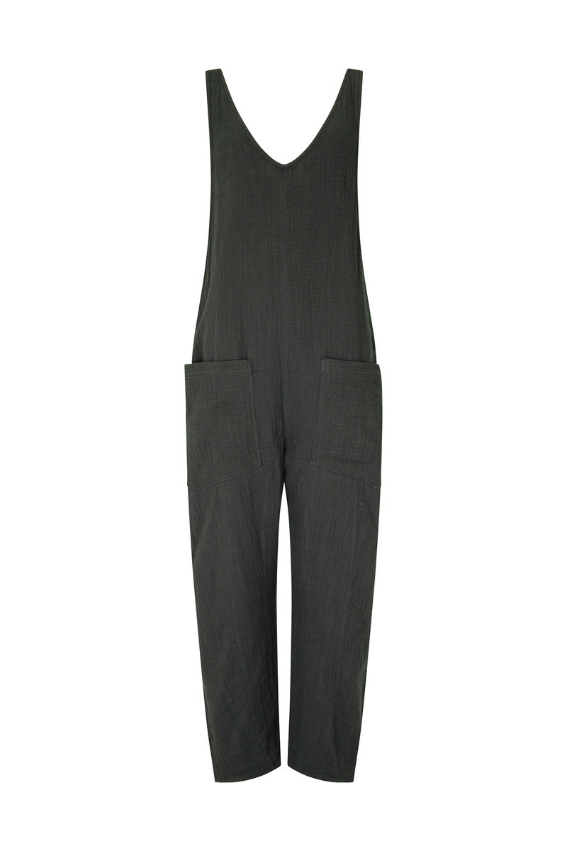 women's black cotton jumpsuit front view