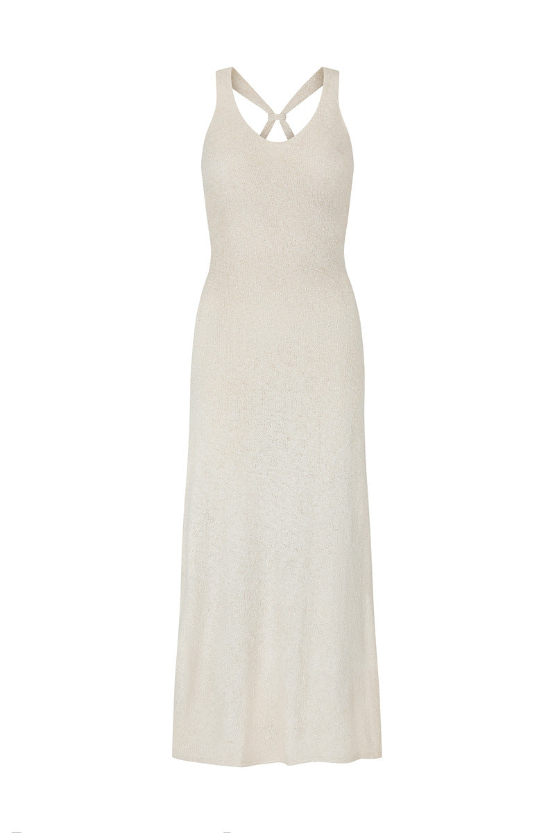 Womens ribbed cotton knit cream dress front view