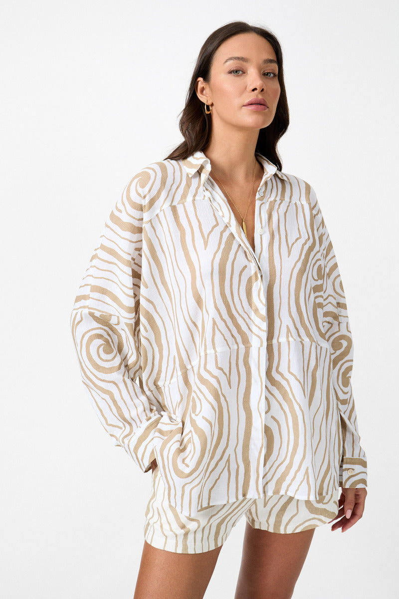 womens cotton crinkle cream print shirt close up view