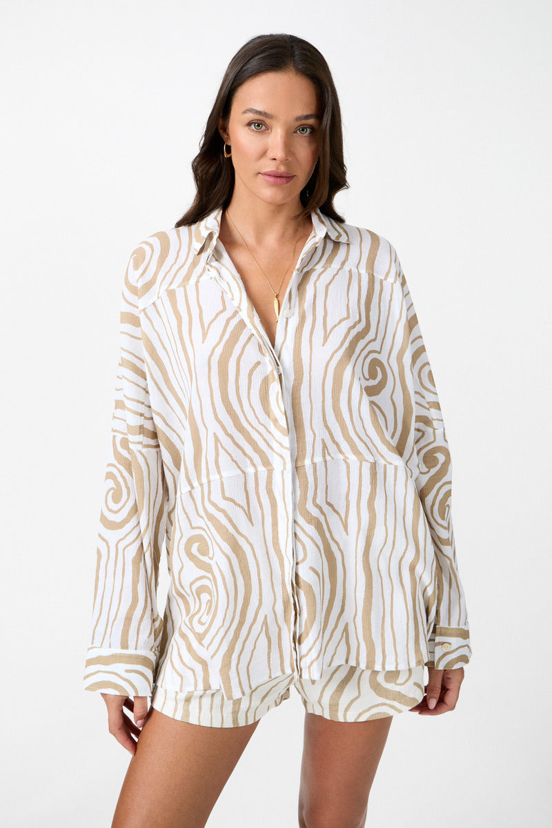 womens cotton crinkle cream print shirt front view