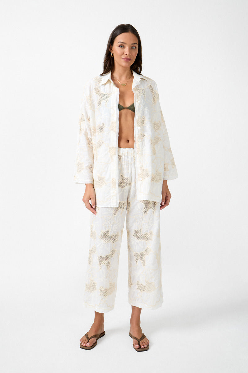 Womens cotton lace pant cream hue front view