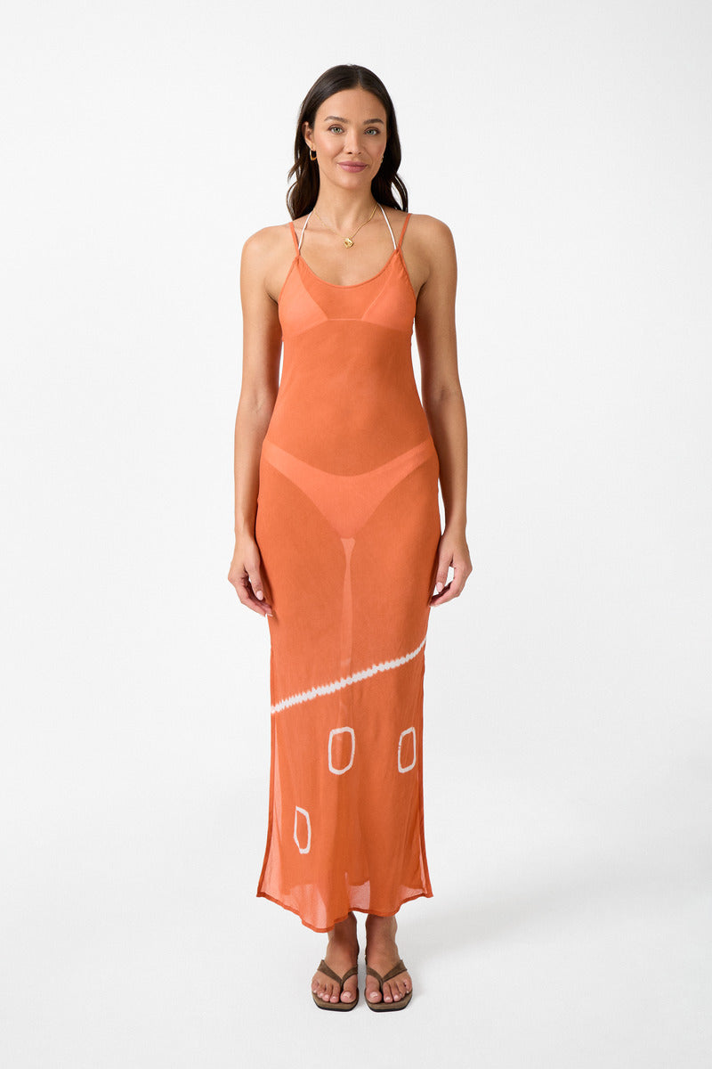 womens tie dye terracotta viscose maxi dress front view