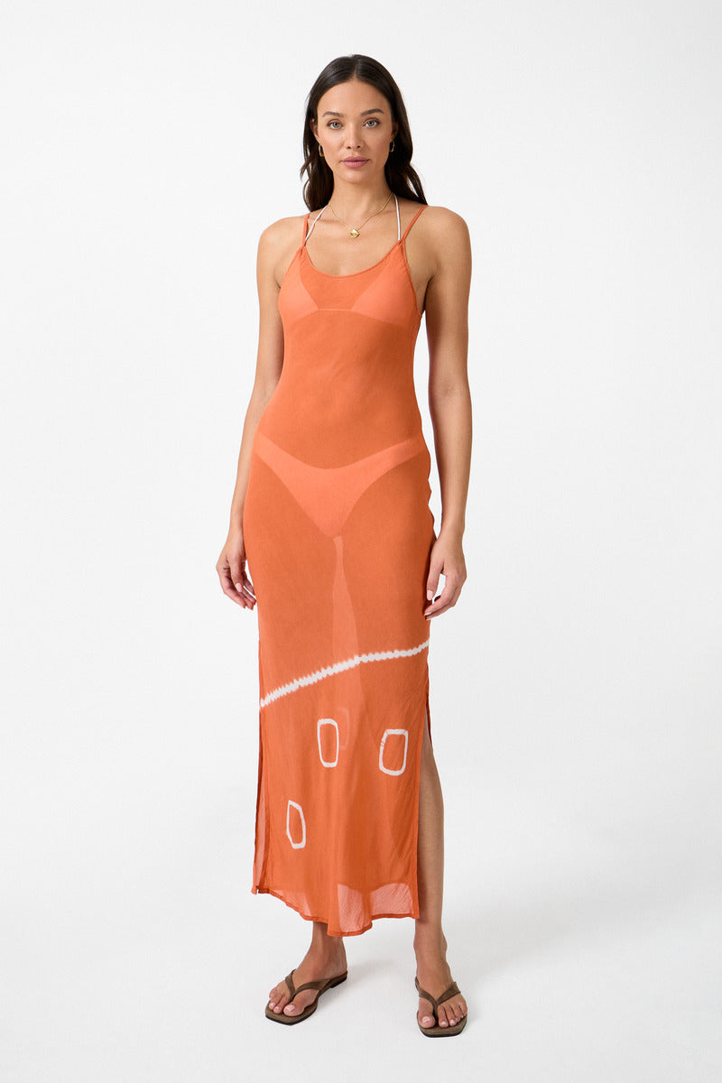 womens tie dye terracotta viscose maxi dress front view