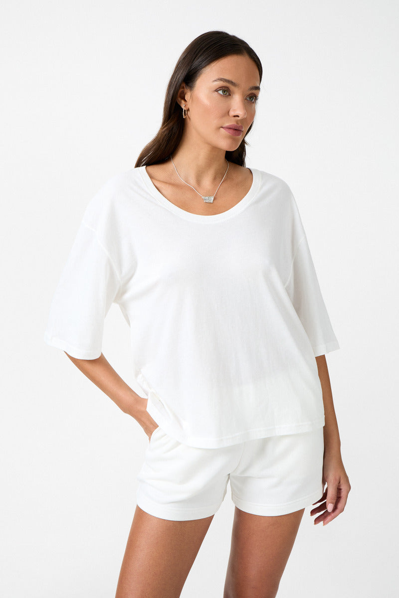 womens white cotton print tee front view