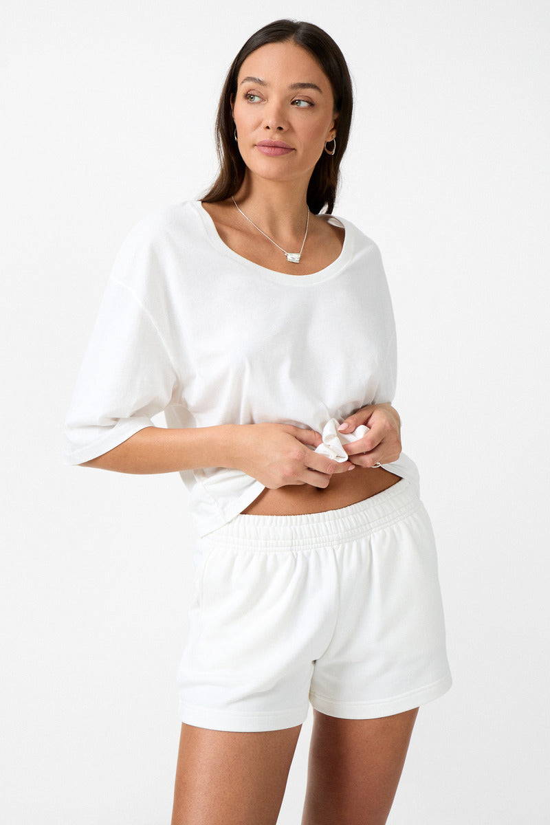 womens white cotton elasticated short front view