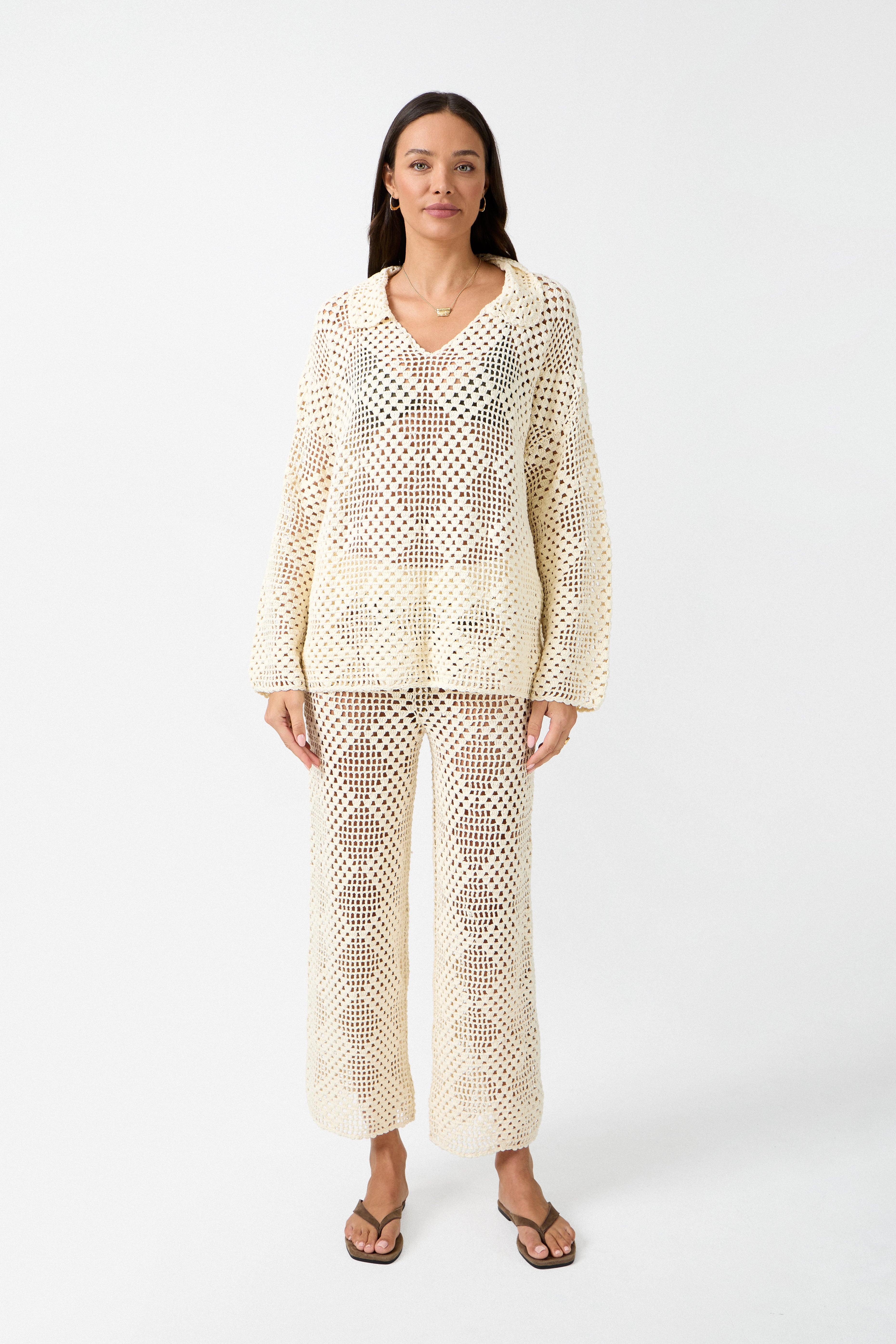 womens cream crochet cropped pant front view