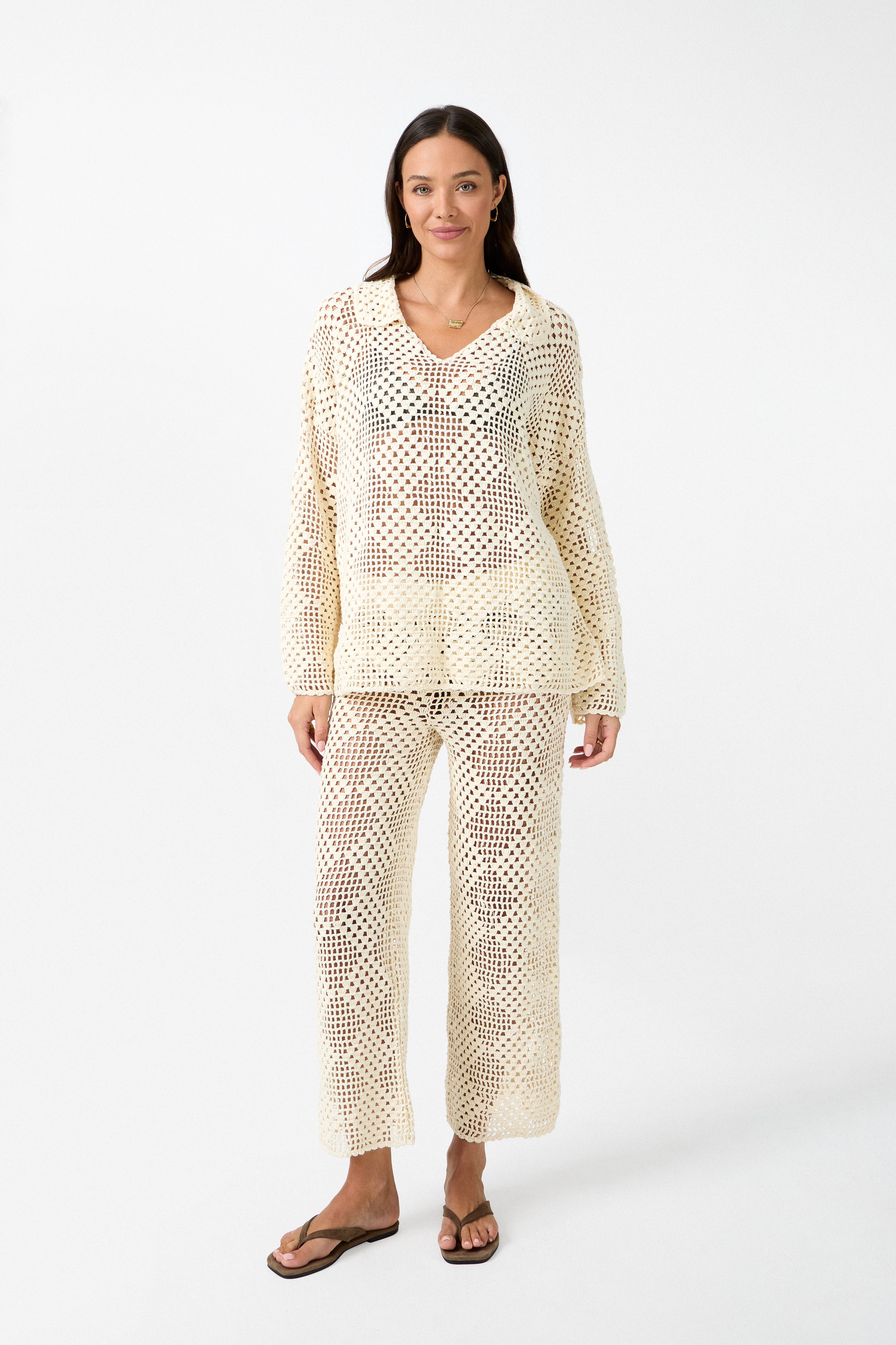 womens cream crochet cropped pant front view