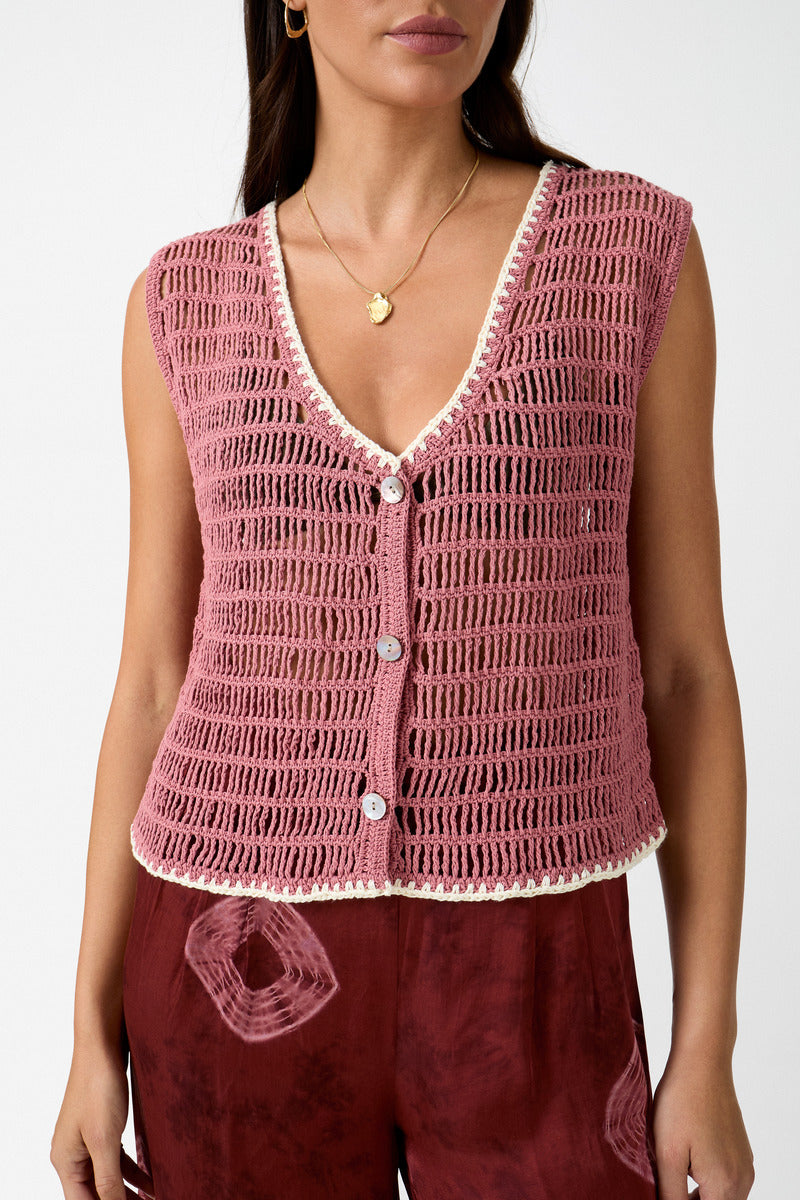 womens rose cotton crochet pink vest close up view