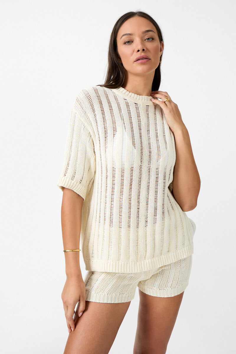 womens cotton cream crew neck knit tee front view