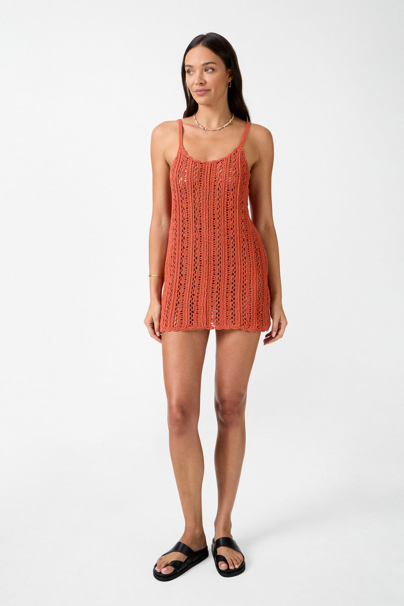 womens terracotta cotton crochet mini dress front view