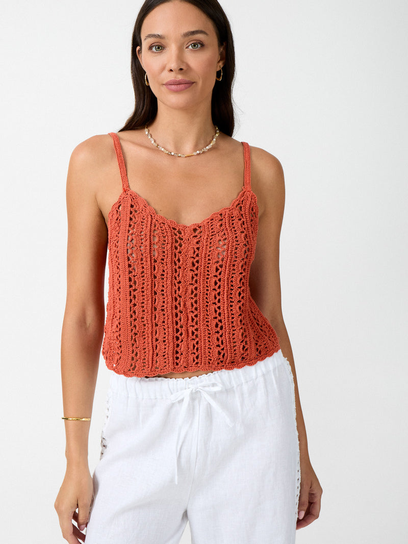 womens terracotta cotton crochet crop top front view