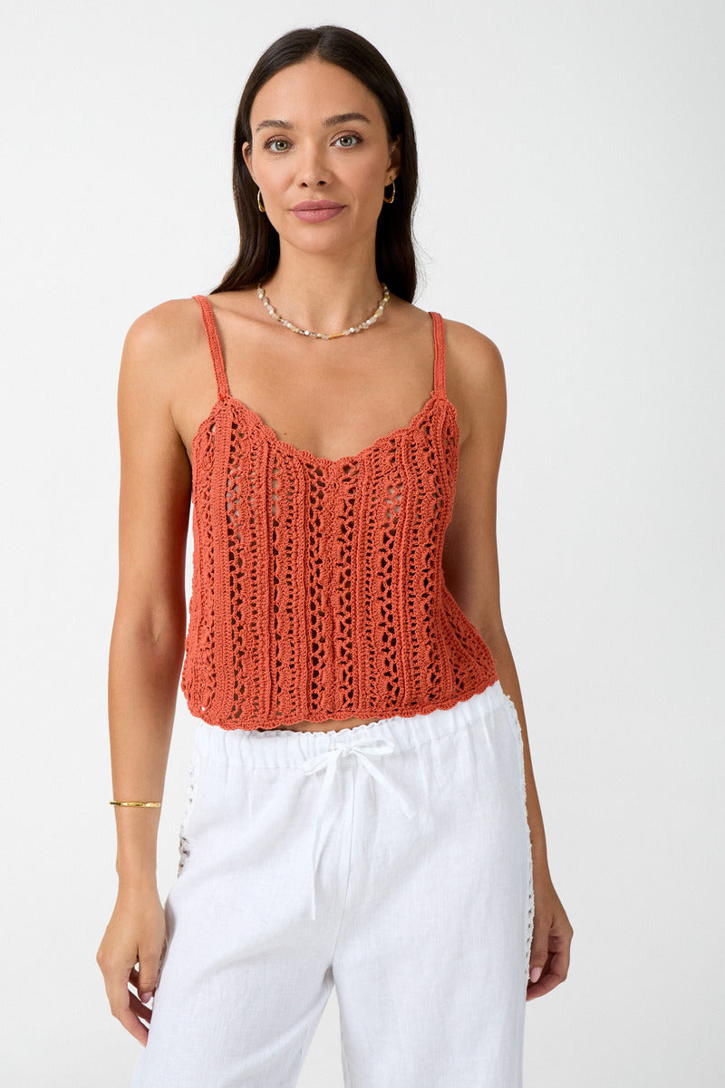 womens terracotta cotton crochet crop top front view