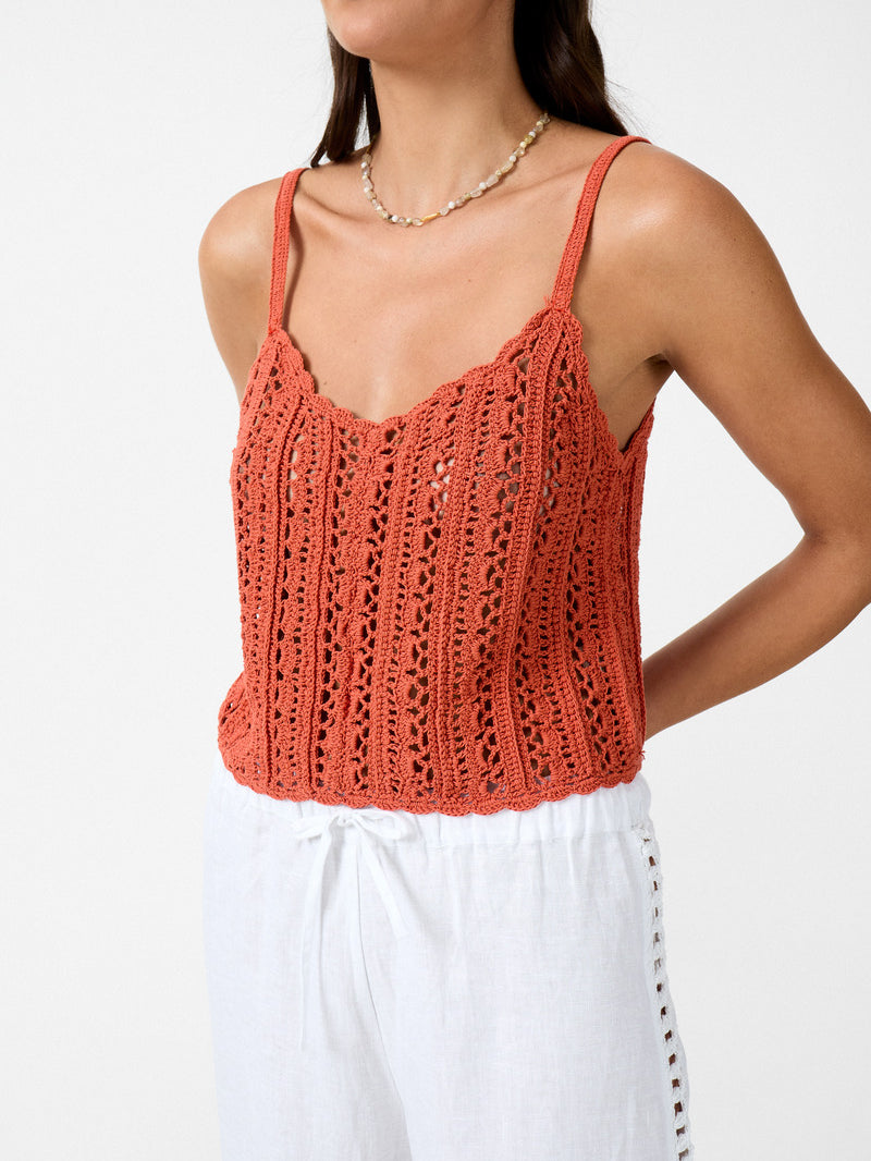 womens terracotta cotton crochet crop top side view