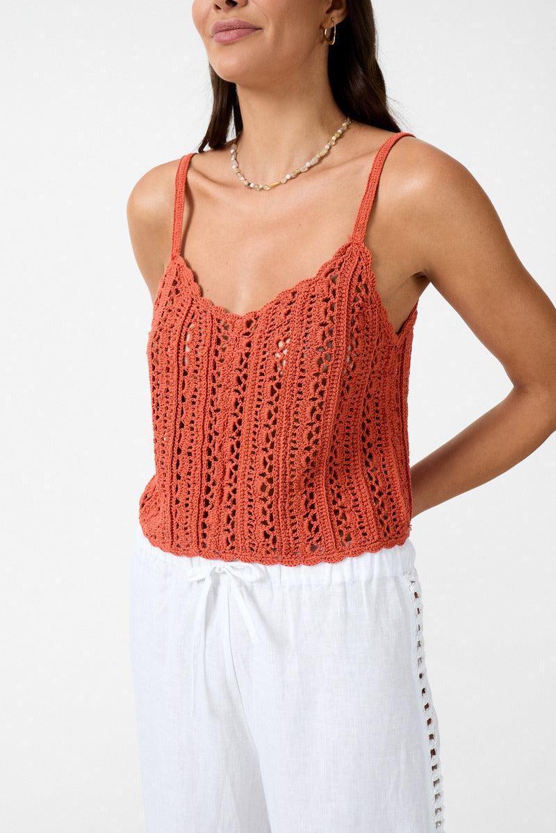 womens terracotta cotton crochet crop top side view