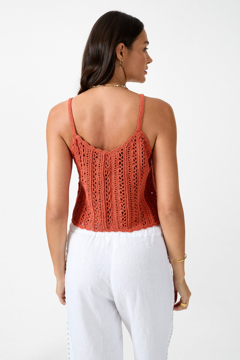 womens terracotta cotton crochet crop top back view