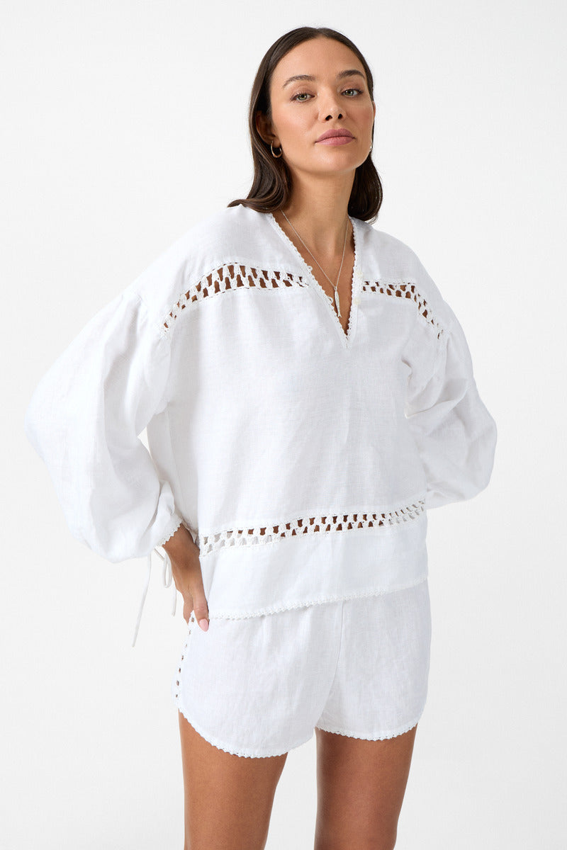 womens white cotton blouse with crochet detailing front view