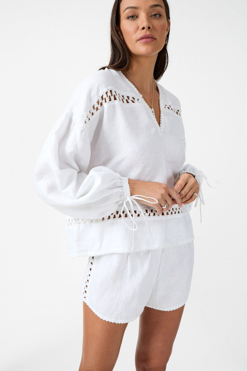 womens white cotton blouse with crochet detailing close up view