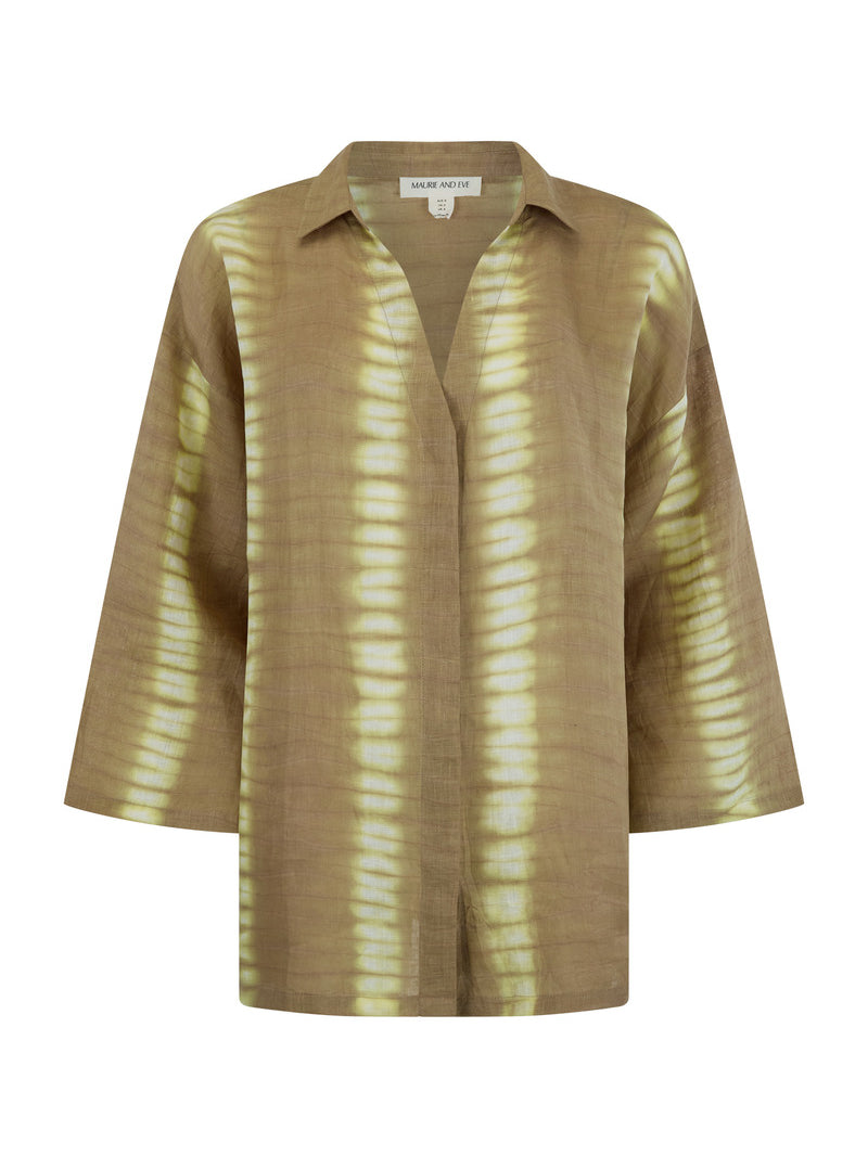 womens linen taupe tie dye shirt front view