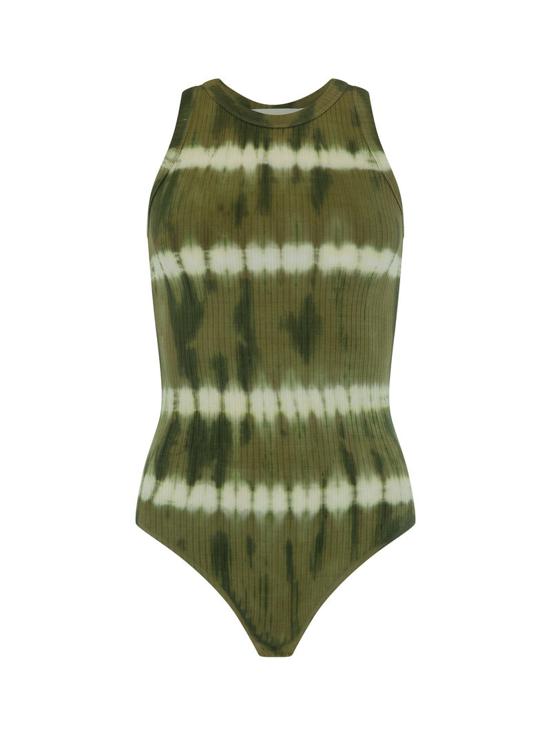 womens cotton spandex olive tie dye bodysuit