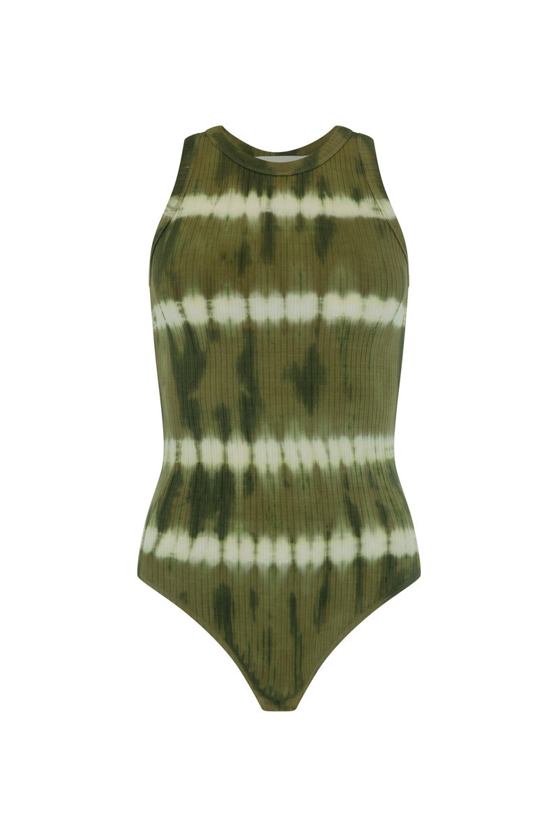 womens cotton spandex olive tie dye bodysuit