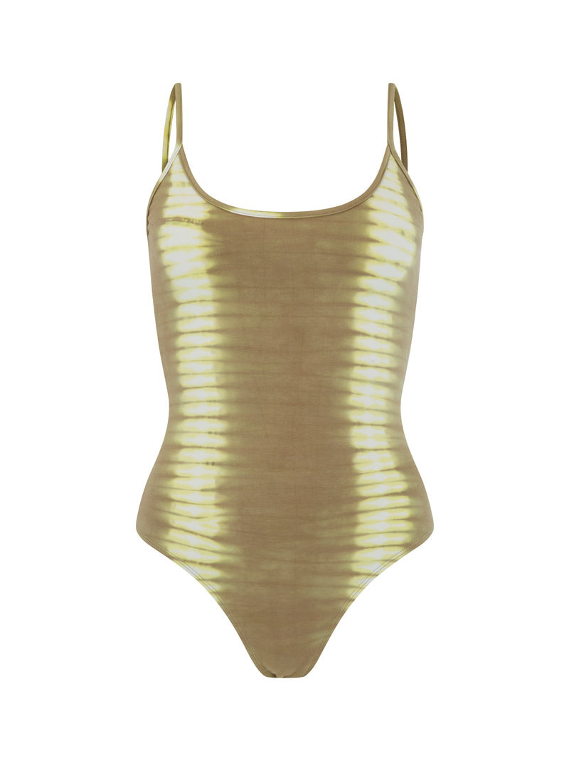 Womens cotton taupe tie dye bodysuit front view