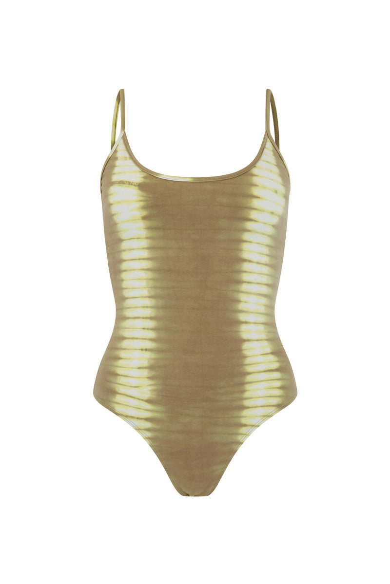 Womens cotton taupe tie dye bodysuit front view