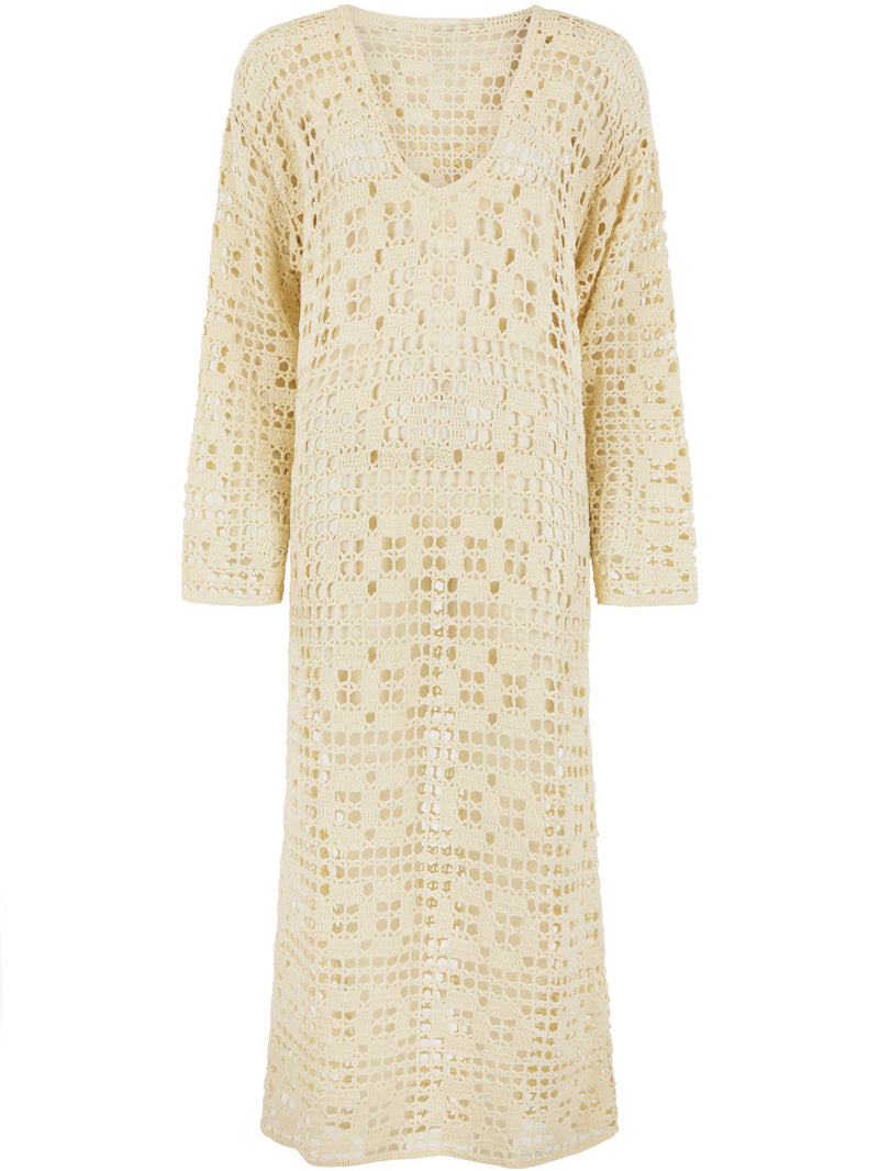 womens cream cotton crochet maxi dress front view